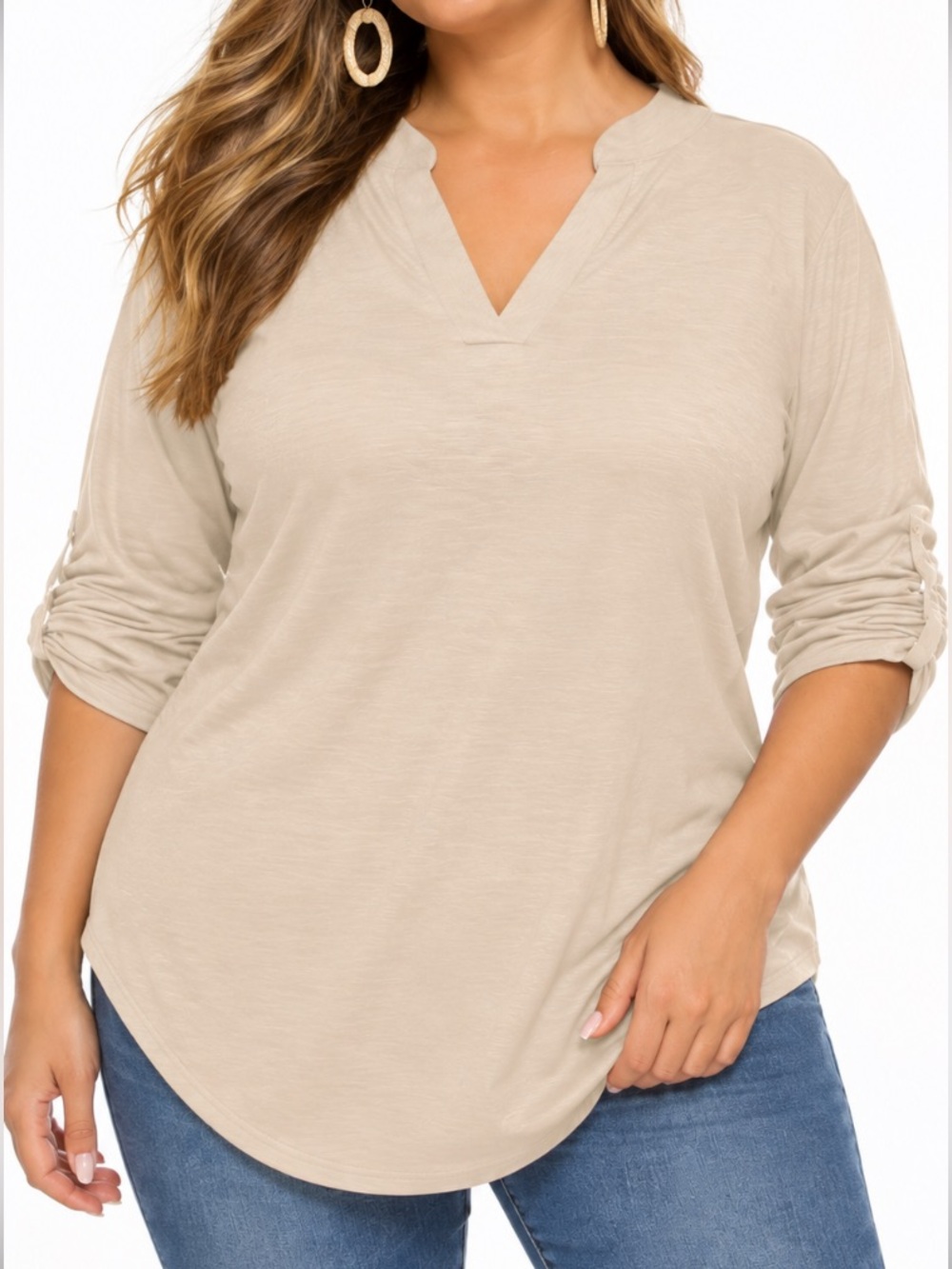 🔥 NWT HALIFE long rollup sleeve v-neck Khaki color top size 2 XL.